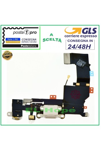 CONECTOR DE CARGA PARA APPLE iPhone 5S PLANO FLEXIBLE CON MICRÓFONO Y BASE DE CARGA BLANCA