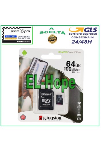 TARJETA DE MEMORIA ORIGINAL KINGSTON MICRO SD 64GB 100MB/s TARJETA DE MEMORIA EXTERNA